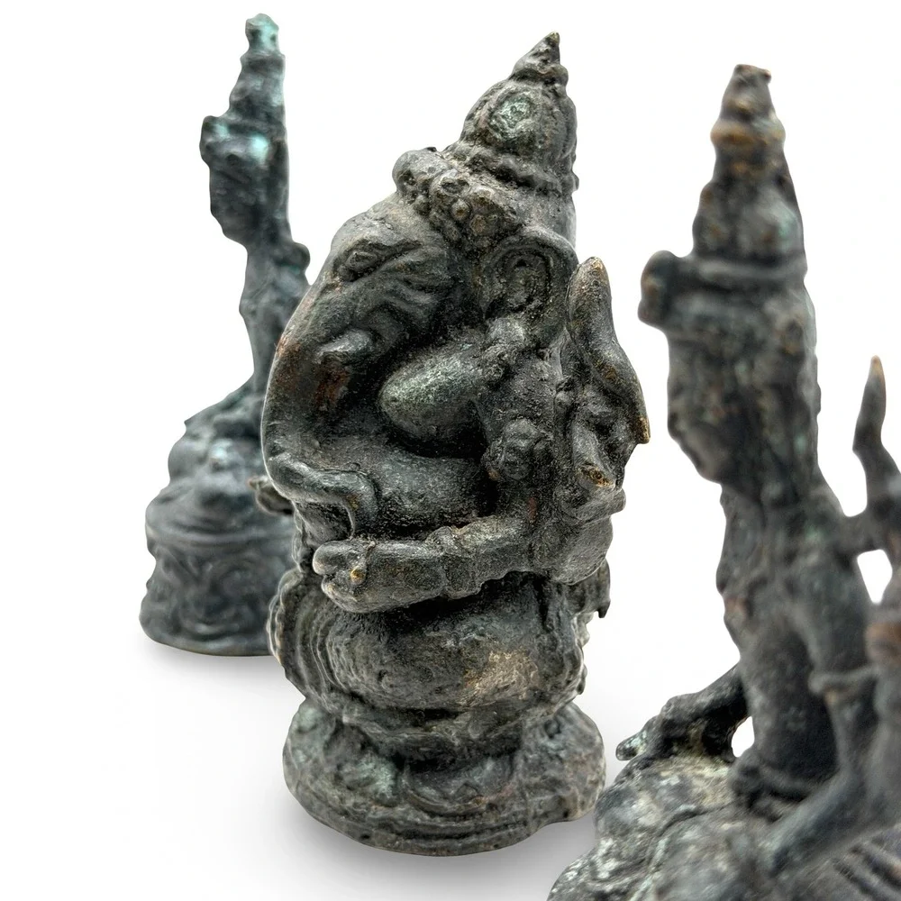 Vintage Thai Bronze Ganesha Vishnu Deity Statue Set 4" Sacred Altar Thailand - Picture 3 of 10